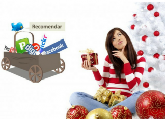 mujer con motivos navideños y carro de redes sociales
