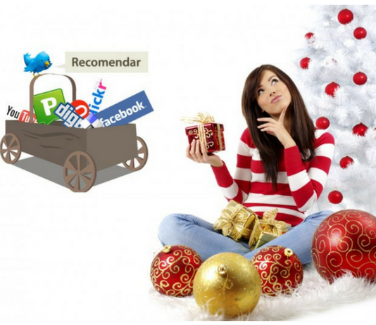 mujer con motivos navideños y carro de redes sociales